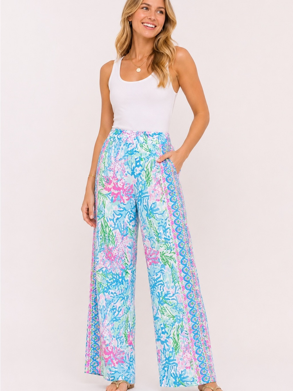 Lilly Pulitzer Palazzo Resort Pants Tropical Print Wide Leg Large